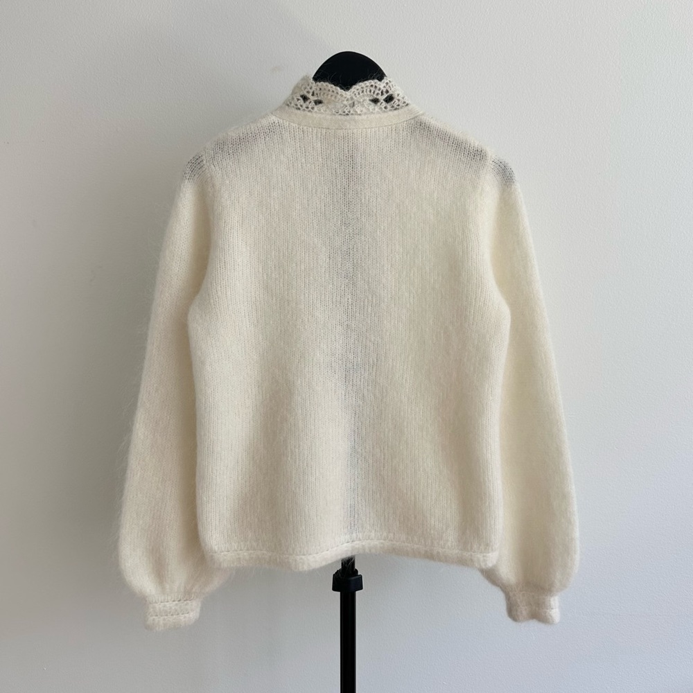 Sezane Cream Angie Kid Mohair Wool Lace Trim Pointelle Knit Cardigan Size S - Picture 2 of 5